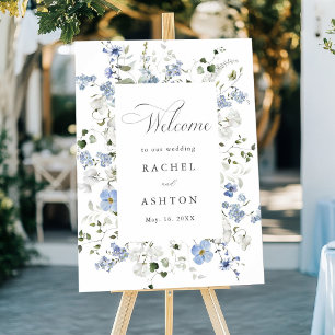 Elegant Blue White Green Floral Wedding Welcome Poster
