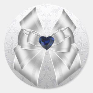 Elegant Blue & White Heart Bow Wedding Classic Round Sticker