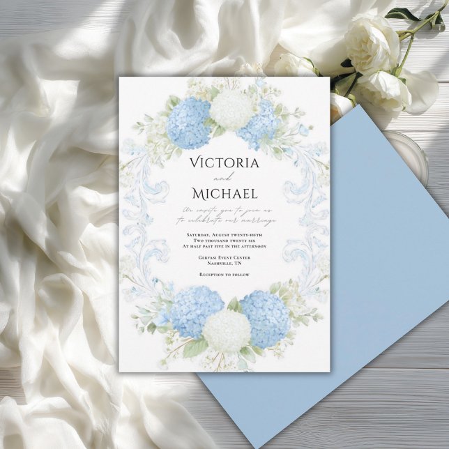 Elegant Blue White Hydrangea Wreath Wedding Invitation (Creator Uploaded)
