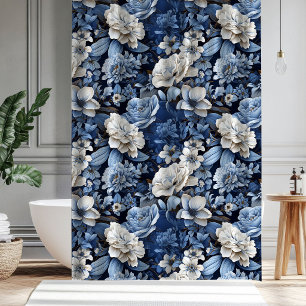 Elegant Blue White Ivory Floral Bathroom Shower  Curtain
