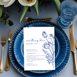 Elegant Blue White Line Art Floral Bridal Shower Invitation