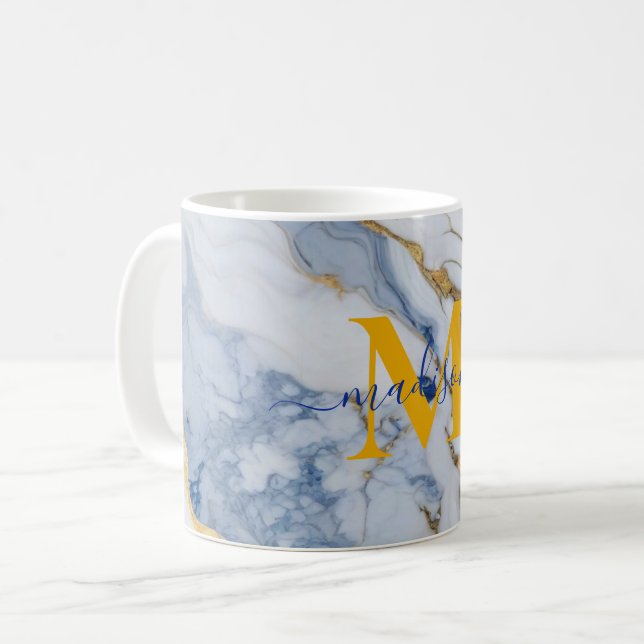Elegant blue white maize gold marble granite coffee mug (Front Left)