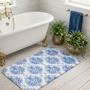 Elegant Blue White Mediterranean Damask Pattern Bath Mat