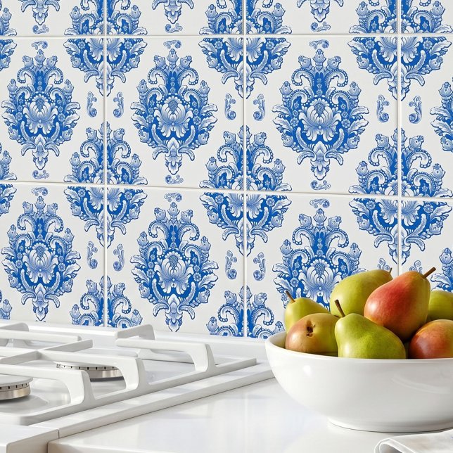 Elegant Blue White Mediterranean Damask Pattern Ceramic Tile (Creator Uploaded)