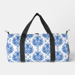 Elegant Blue White Mediterranean Damask Pattern Duffle Bag
