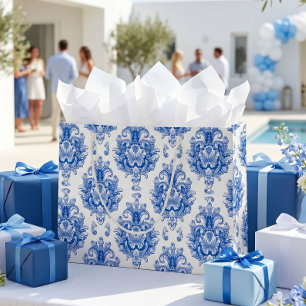 Elegant Blue White Mediterranean Damask Pattern Large Gift Bag