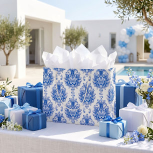 Elegant Blue White Mediterranean Damask Pattern Large Gift Bag