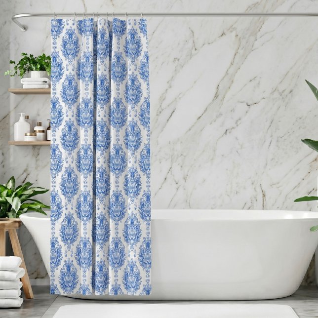 Elegant Blue White Mediterranean Damask Pattern Shower Curtain (Creator Uploaded)
