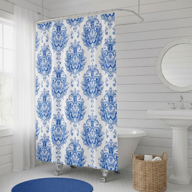 Elegant Blue White Mediterranean Damask Pattern Shower Curtain (Creator Uploaded)