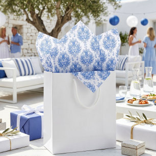 Elegant Blue White Mediterranean Damask Pattern Tissue Paper