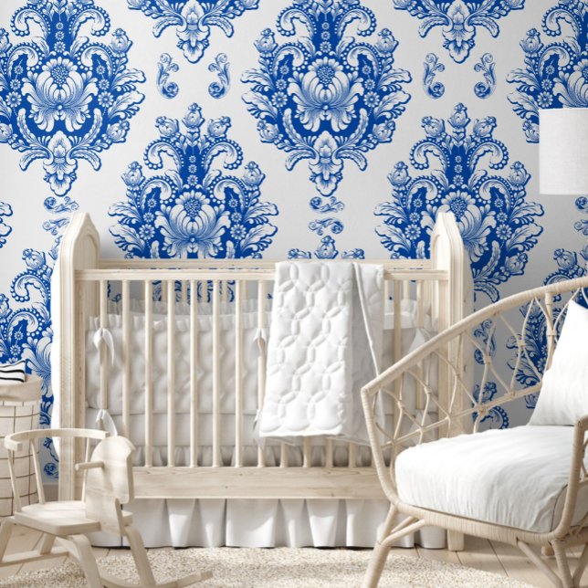 Elegant Blue White Mediterranean Damask Pattern Wallpaper (Creator Uploaded)