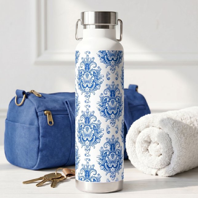 Elegant Blue White Mediterranean Damask Pattern Water Bottle (Creator Uploaded)