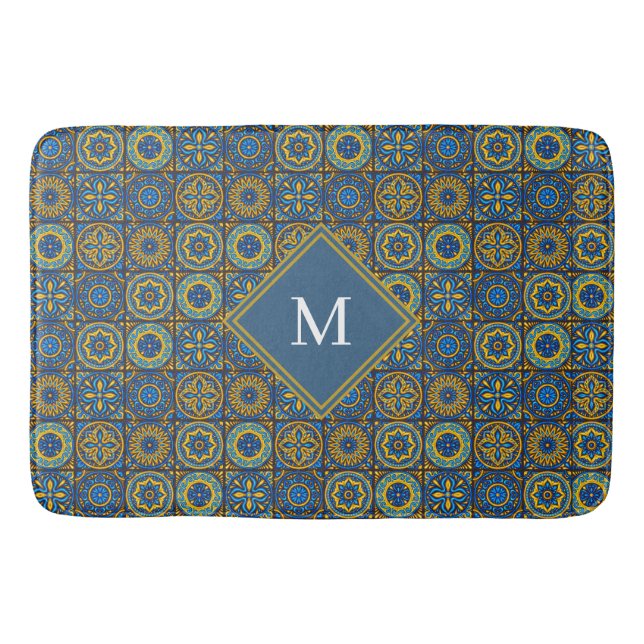 Elegant blue& white Moroccan custom monogram Bath Mat (Front)