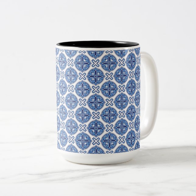 Elegant blue& white Moroccan  pattern  Two-Tone Coffee Mug (Front Right)