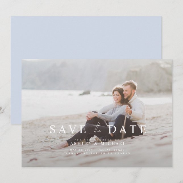 Elegant Blue White Overlay Photo Wedding Save The Date (Front/Back)