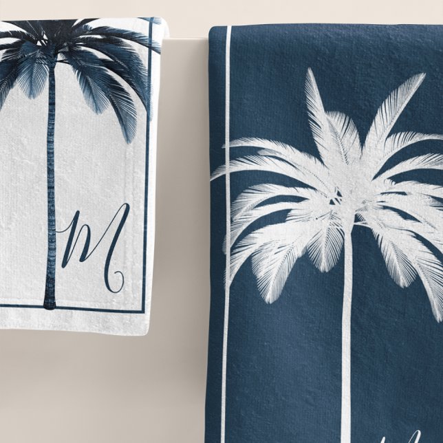 Elegant Blue & White Palm Tree Monogram Bath Towe Towel Set (Creator Uploaded)
