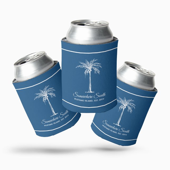 Elegant Blue White Palm Tree Personalised Can Cooler (Creator Uploaded)