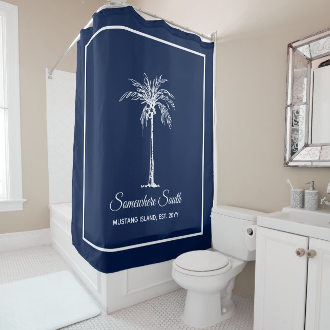 Elegant Blue White Palm Tree Personalised Shower Curtain (In Situ)