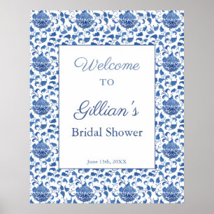 Elegant Blue White Pattern Bridal Shower Welcome Poster