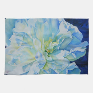 Elegant Blue white peony watercolor floral Tea Towel