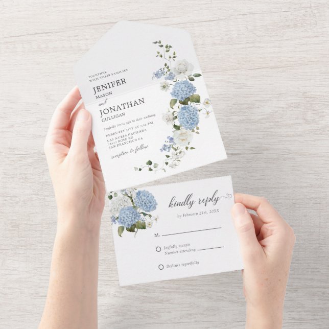 Elegant Blue White Roses Floral All In One Invitation (Tearaway)