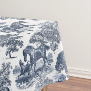 Elegant Blue White Rustic Horses Toile Tablecloth