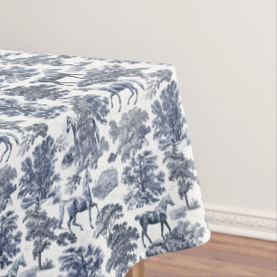 Elegant Blue White Rustic Horses Toile Tablecloth