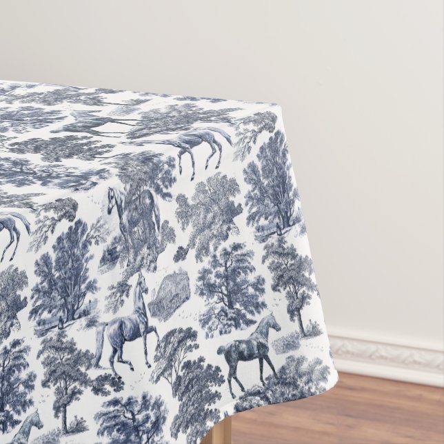 Elegant Blue White Rustic Horses Toile Tablecloth (In Situ)