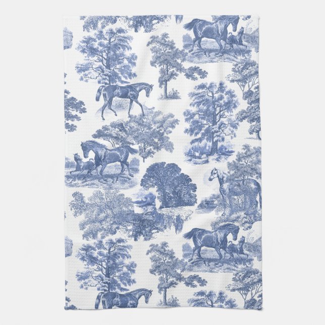 Elegant Blue White Rustic Horses Toile   Tea Towel (Vertical)