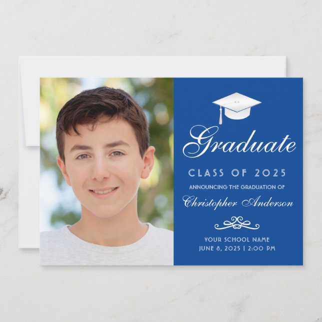 Elegant Blue White Script Cap Photo Graduation Announcement (Front)