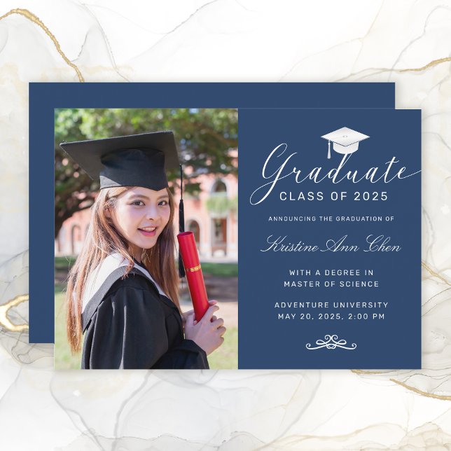 Elegant Blue White Script Cap Photo Graduation Announcement (Elegant Blue White Script Cap Photo Graduation Announcement)