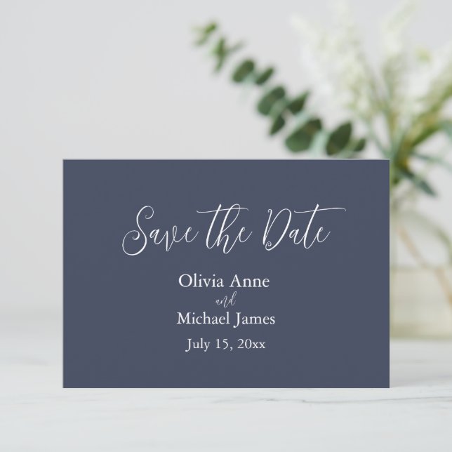 Elegant Blue & White Script Save The Date (Standing Front)