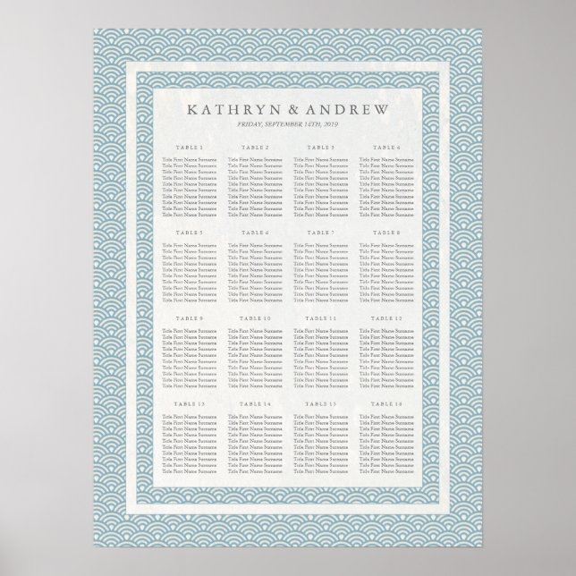 Elegant Blue+White Seigaiha Wedding Seating Chart (Front)