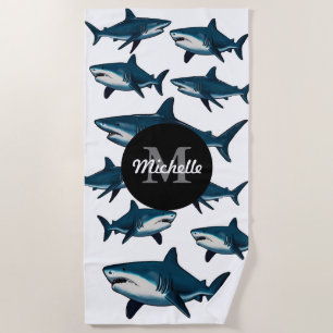 Elegant blue white shark Personalised Monogram   Beach Towel