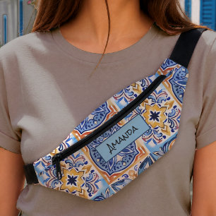 Elegant Blue White Sicilian Majolica Tile Pattern Bum Bags
