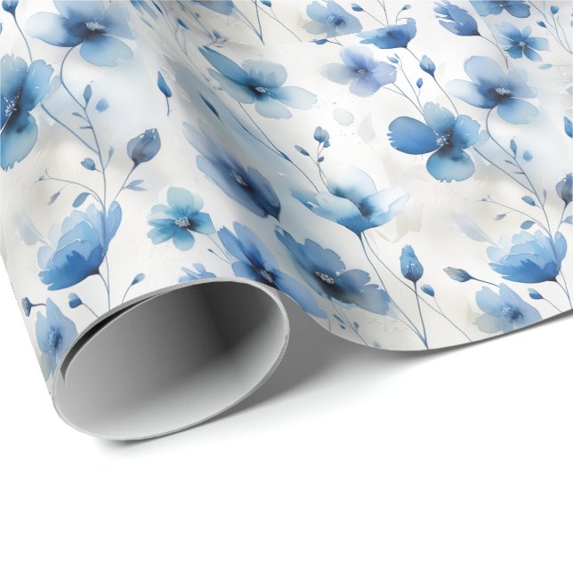 Elegant blue white silver watercolor florals  wrapping paper (Roll Corner)