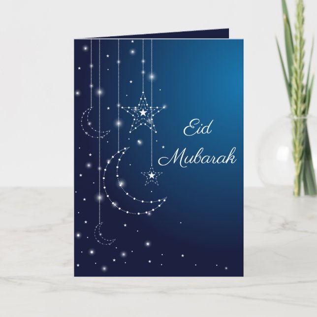 Elegant Blue White Star Moon Sparkle Eid Greeting Card (Front)