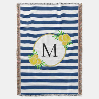 Elegant Blue White Stripes Italian Lemons Monogram Throw Blanket