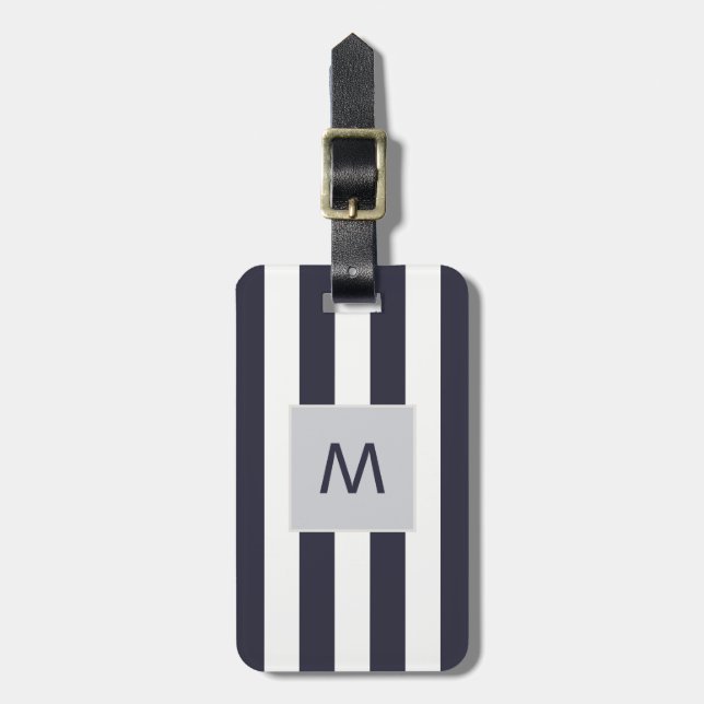Elegant Blue White Stripes Monogram Luggage Tag (Front Vertical)