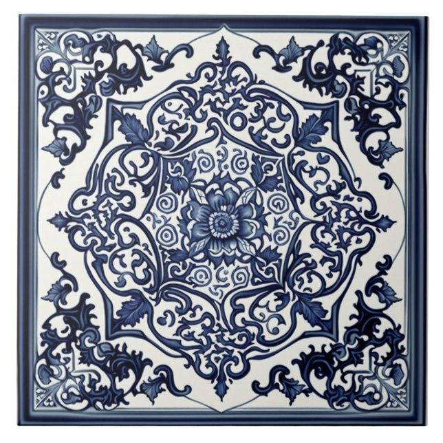 Elegant Blue & White Tile, Rose, Chinese Design Ceramic Tile (Front)