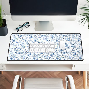 Elegant Blue White Toile Floral Pattern Botanical Desk Mat