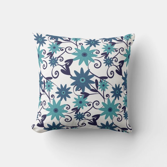 Elegant blue white turquoise flower pattern cushion (Front)