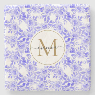 Elegant Blue White Watercolor Floral Gold Monogram Stone Coaster