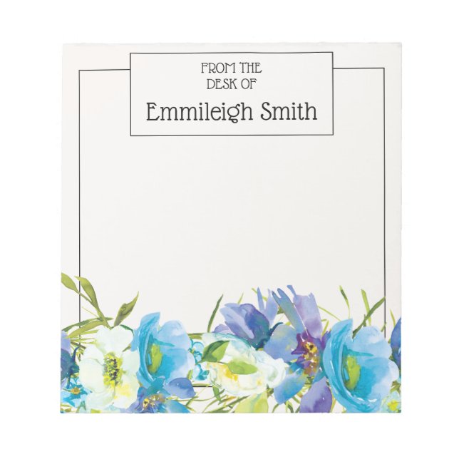 Elegant Blue White Watercolor Garden Floral Notepad (Front)