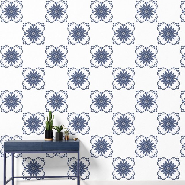 Elegant Blue White Watercolor Mediterranean Tile  Wallpaper (Creator Uploaded)