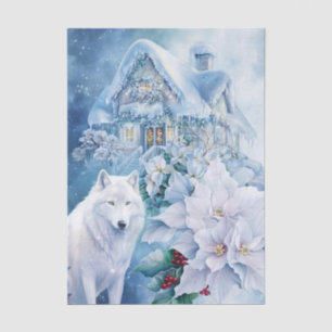 Elegant Blue White Wolf Floral Winter Scenic Tissue Paper