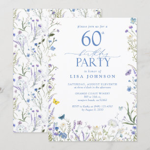 Elegant Blue Wildflower Adult 60th Birthday Party  Invitation