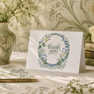 Elegant Blue Wildflower Art Nouveau Wreath Thank You Card