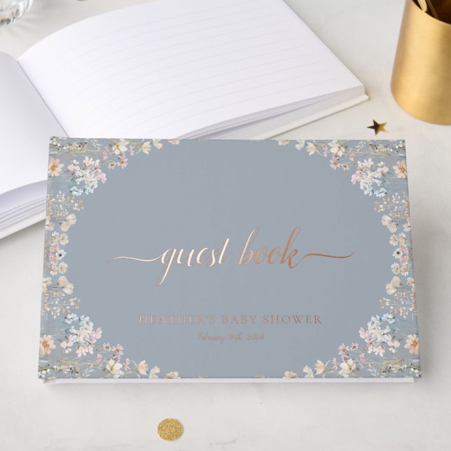 Elegant Blue Wildflower Baby Shower Rose Gold Guest Book (Creator Uploaded)