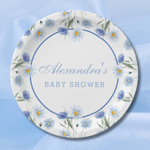 Elegant Blue Wildflower Boho Baby Shower Paper Plate
